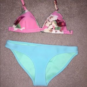 Triangl Bikini w/ Blue Bottoms and Pink Floral Top